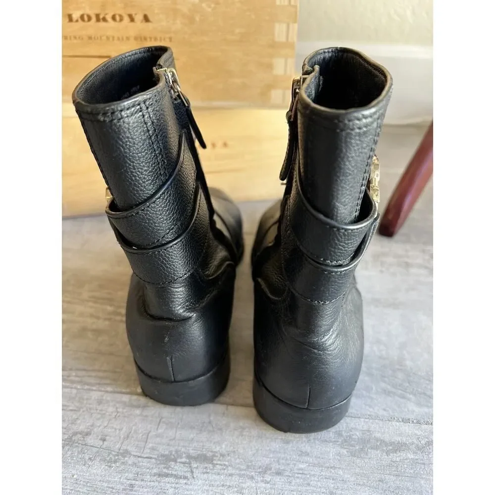 Tory Burch Gemini Link Black Pebble Leather Ankle Booties Moto Boots Size 8 READ